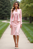 Pink Crepe 2-Piece Sheath Mother of the Bride Dress with Long Sleeves