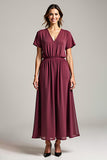 Cabernet V Neck Short Sleeves A Line Chiffon Mother of the Bride Dress