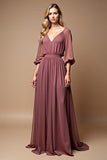 Vintage Mauve Ruched A Line Half Sleeves V Neck Chiffon Mother of the Bride Dress
