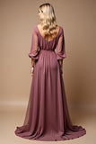 Vintage Mauve Ruched A Line Half Sleeves V Neck Chiffon Mother of the Bride Dress