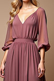 Vintage Mauve Ruched A Line Half Sleeves V Neck Chiffon Mother of the Bride Dress