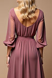 Vintage Mauve Ruched A Line Half Sleeves V Neck Chiffon Mother of the Bride Dress