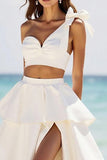 White One Shoulder Ruffled A Line Wedding Dress with Slit