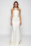 White Sheath Criss Cross Halter Long Formal Dress