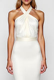 White Sheath Criss Cross Halter Long Formal Dress