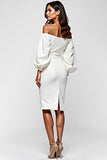 White Off The Shoulder Satin Graduation Dress with Long Sleeves