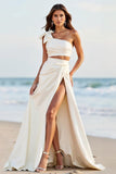 One Shoulder A Line White Long Wedding Dress with Slit