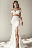 White Off The Shoulder Mermaid Long Wedding Dress with Slit