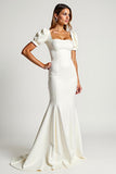 Ivory Mermaid Long Wedding Dress with Short Sleeves