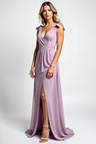 V-Neck A Line Lilac Chiffon Long Bridesmaid Dress with Slit