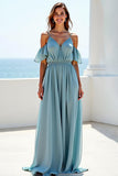 Blue A Line Cold Shoulder Long Chiffon Bridesmaid Dress