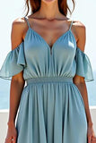 Blue A Line Cold Shoulder Long Chiffon Bridesmaid Dress