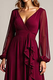 Burgundy V Neck Long Sleeves Chiffon Long Mother Of The Bride Dress With Ruffles