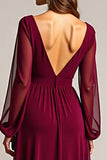 Burgundy V Neck Long Sleeves Chiffon Long Mother Of The Bride Dress With Ruffles