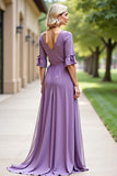 Tahiti A Line Flare Sleeve Pleated Long Chiffon Mother Of The Bride Dress