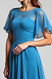 Blue A Line Ruffle Sleeve Long Chiffon Mother Of The Bride Dress