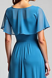 Blue A Line Ruffle Sleeve Long Chiffon Mother Of The Bride Dress