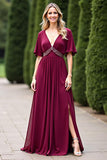 A Line Burgundy V Neck Beaded Mother Of The Bride Dress With Slit