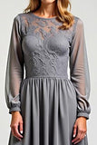 Grey A Line Long Sleeve Chiffon Mother Of The Bride Dress