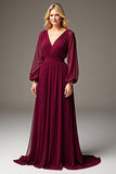 Burgundy V Neck Long Sleeve Chiffon Long Mother Of The Bride Dress