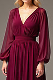 Burgundy V Neck Long Sleeve Chiffon Long Mother Of The Bride Dress