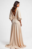 Champagne V Neck Long Sleeve Satin Mother Of The Bride Dress