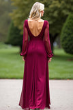 Burgundy V Neck Long Sleeve Chiffon Mother Of The Bride Dress