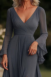 Dark Grey Mermaid Wrap Long Sleeves Ruffled Chiffon Long Mother of the Bride Dress