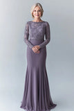 Elegant Steel Grey Bodycon Long Sleeves Mother Of The Bride Dress With Lace Appliques