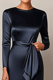 Elegant Navy Bodycon Long Sleeves Satin Mother Of  Bride Dress With Streamer