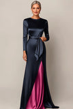 Elegant Navy Bodycon Long Sleeves Satin Mother Of  Bride Dress With Streamer