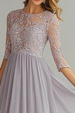 Elegant Silver A Line Long Sleeves Mother Of Bride Dress With Lace Appliques