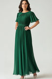 Elegant A Line Dark Green Ruched Mother Of Bride Dress With Flutter Sleeves