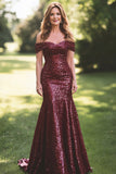 Sparkly Burgundy Off The Shoulder Long Prom Dress With Sequins