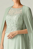 Elegant Mint A-Line Scoop Chiffon Beaded Long Mother of the Bride Dress with Cap