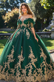 Dark Green Princess Tulle Off the Shoulder Quinceanera Dress with Appliques