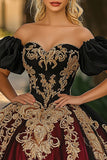 Burgundy and Black Off the Shoulder Ball Gown Organza Appliqued Quinceanera Dress with Puff Sleeves