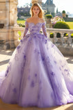 Lilac Off the Shoulder Princess Tulle Applique Quinceanera Dress with Long Sleeves