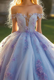 Princess Lavender Ball Gown Off the Shoulder Tulle Quinceanera Dress with 3D Flowers