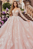 Pink Ball Gown Sweetheart Tulle Appliqued Quinceanera Dress With Long Sleeves