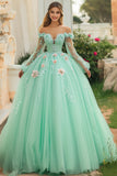 Mint Off The Shoulder Tulle Quinceanera Dress With 3D Flowers