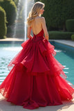 Red A Line Sweetheart Long Ruffled Prom Dress