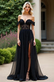 Black A Line Off The Shoulder Chiffon Lace Prom Dress with Slit