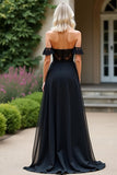 Black A Line Off The Shoulder Chiffon Lace Prom Dress with Slit