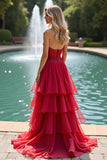 Red Long Ruffled A Line Sweetheart Prom Dress with Lace