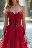 Red Long Ruffled A Line Sweetheart Prom Dress with Lace