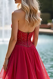 Red Long Ruffled A Line Sweetheart Prom Dress with Lace