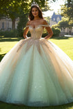 Sparkly Champagne Ball Gown Off the Shoulder Tulle Quinceanera Dress with Beading