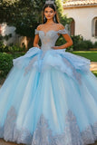 Sky Blue Princess Off the Shoulder Tulle Quinceanera Dress with Appliques