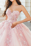 Pink Sweetheart Ball Gown Tulle Quinceanera Dress with Floral Appliques